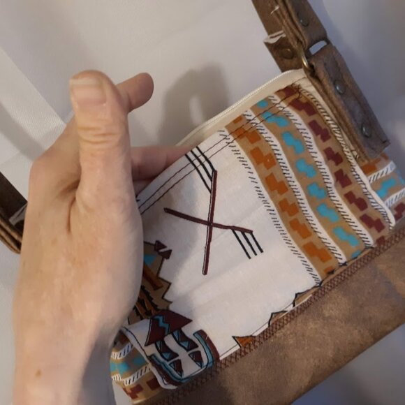 New Vinyl Double handle Shoulder Satchel Bag Purse Brown Aqua Southwestern print - Picture 4 of 12